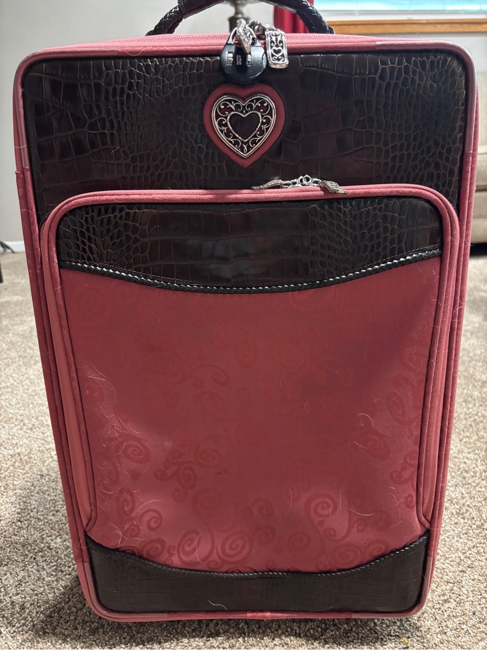 Brighton Pink and Brown Croc-Accent Rolling Travel Tote